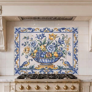 May include: A decorative ceramic tile mural featuring a central bowl filled with yellow and blue flowers and fruit. The design includes ornate blue and yellow scrollwork borders and two birds flanking the base, all set against a white background.