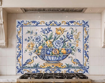 Portuguese fruit and floral still life tile mural with traditional azulejo design