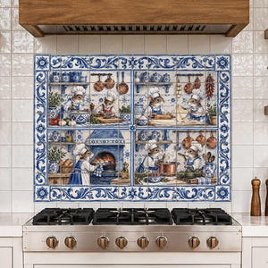May include: A decorative ceramic tile mural featuring a blue and white illustration of mice dressed as chefs cooking in a kitchen. The scene is divided into four panels showing various culinary tasks, framed by an ornate floral border pattern.