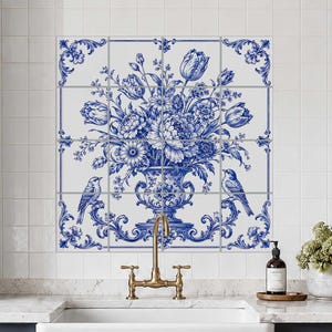 Portugisische Azulejo blaue Vase Fliesenwandbild mit Vögeln und Blumenstrauß