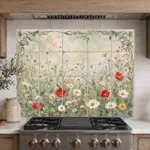 Wildflower meadow ceramic tile mural, soft botanical backsplash tiles