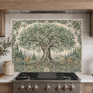 May include: A decorative tile mural featuring a large central oak tree with green foliage, surrounded by deer in a forest landscape. The scene is framed by an ornate, dark green and cream-coloured border with intricate scrollwork and floral motifs.