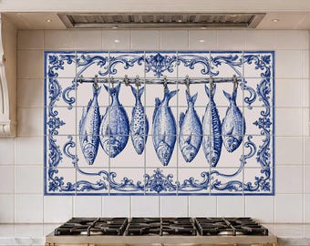 Kustfiskkakelväggmålning med traditionell blå portugisisk illustration av skaldjur