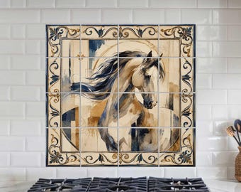 Horse tile mural for kitchen backsplash with ornamental mediterranean frame