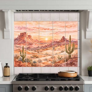 Desert sunset tile mural with southwestern cactus landscape