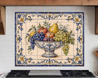 Fruit bowl tile mural in mediterranean portuguese style for kitchen backsplash decor