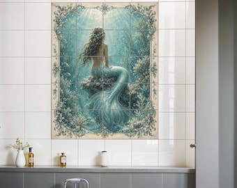 Muurschildering zeemeermintegels, zacht romantisch tegeldecor voor badkamer in turquoise kleuren