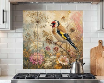 Goldfinch bird backsplash tiles inspired by English wildflower meadows