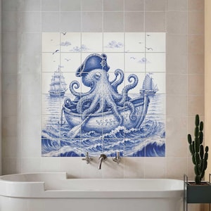 Muurschildering octopus piraat, Delftse kuststijl badkamer douche tegel kunst
