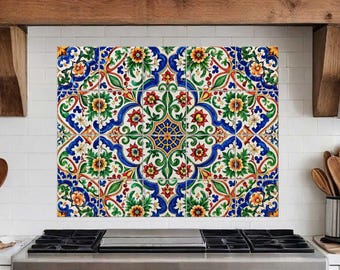 Mexican abstract tile mural for kitchen backsplash in colorful mediterranean style