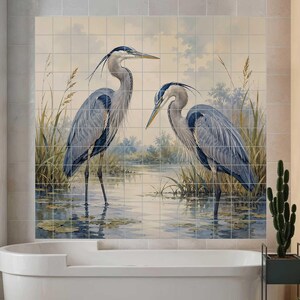 Mural de azulejos con una pareja de garzas costeras, azulejos de cerámica para baño inspirados en la naturaleza.
