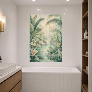 May include: A rectangular wall mural composed of multiple square tiles featuring a lush tropical jungle scene with vibrant green palm leaves, exotic white and orange flowers, and a calm blue river flowing through a dense forest landscape.