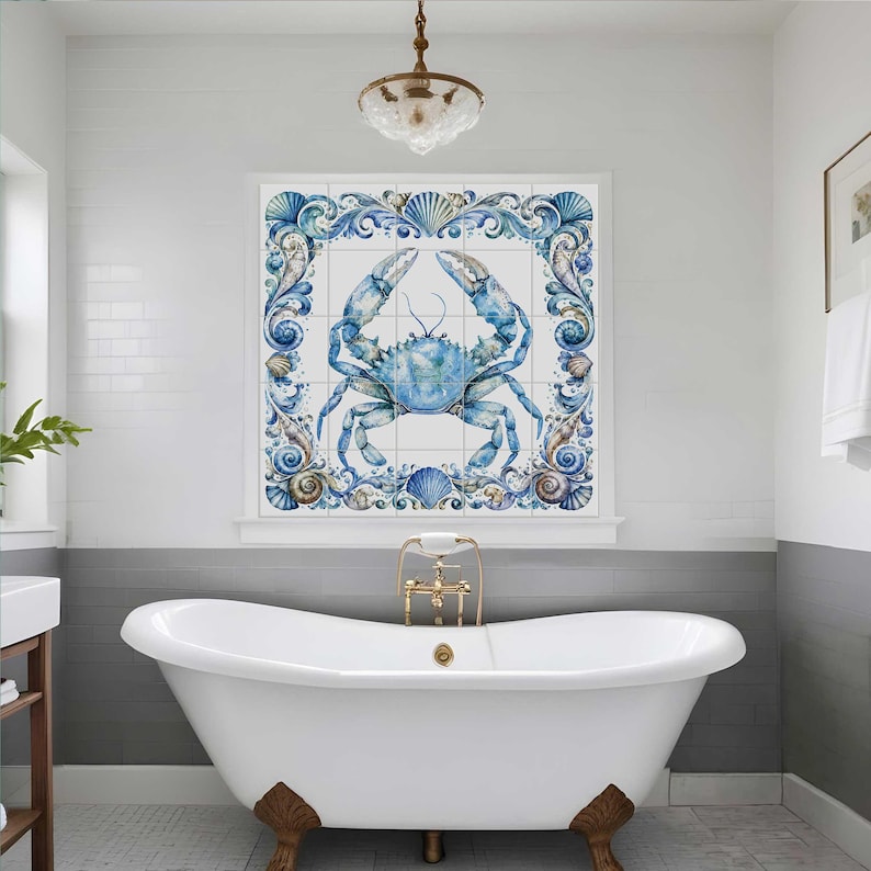 tile mural featuring a watercolor blue crab surrounded by ornate seashell border and coastal ocean details for bathroom or beach house decor