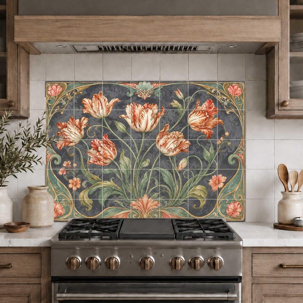 Art Nouveau tulip tile mural with vintage floral design for shower and backsplash