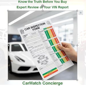May include: A car inspection form is held up in front of a white car. The form has a checklist with green, yellow, and red color-coded sections. Text at the top reads "Know the Truth Before You Buy" and "Expert Review of Your VIN Report."