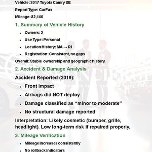 May include: A document titled "VIN History Interpretation - Sample" provides a vehicle history report. The report includes details such as the vehicle's make, model, mileage of 82,140, and accident analysis. The report indicates a front impact with minor to moderate damage.