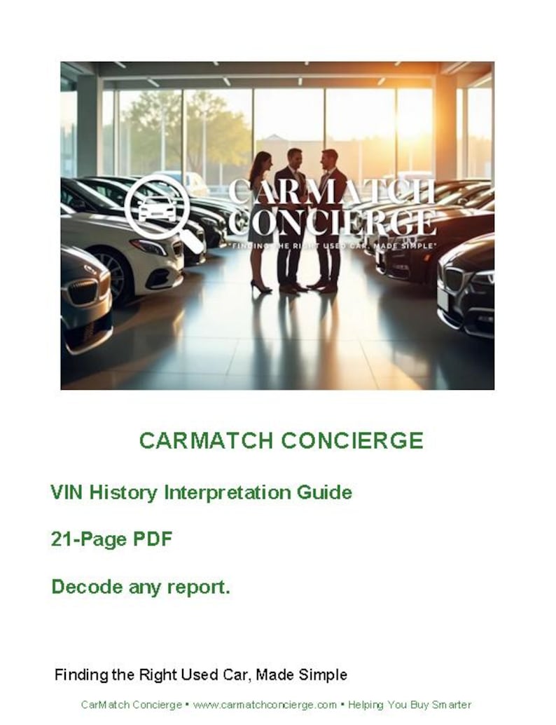May include: An image of a car dealership with several new cars on display. The text "CARMATCH CONCIERGE" is displayed prominently, along with the tagline "Finding the Right Used Car, Made Simple."