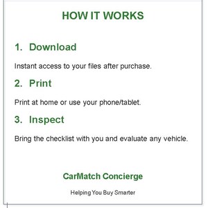 May include: A white graphic with green text that reads "HOW IT WORKS". The steps are: Download, Print, and Inspect. The graphic also includes the text "CarMatch Concierge" and "Helping You Buy Smarter".