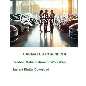 Może przedstawiać: Obraz zawiera tekst "CARMATCH CONCIERGE" i hasło "FINDING THE RIGHT USED CAR, MADE SIMPLE." Widoczny jest salon samochodowy z kilkoma samochodami i trzema osobami w garniturach.