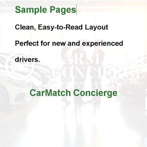 May include: Image with text that reads "Sample Pages," "Clean, Easy-to-Read Layout," and "Perfect for new and experienced drivers." The text "CarMatch Concierge" is also visible. The background features blurred images of cars.
