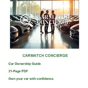 以下が含まれることがあります： 複数の新車が並ぶ自動車ディーラーの画像。上部には「CARMATCH CONCIERGE」の文字。テキストの下にはスーツを着た3人の人物。また、「Finding the Right Used Car, Made Simple」の文字も表示されています。