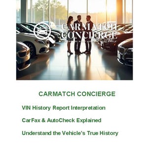 May include: Image of a car dealership with the text "CARMATCH CONCIERGE" and "Finding the Right Used Car, Made Simple." The image shows several cars and three people in suits. Text also includes "VIN History Report Interpretation."
