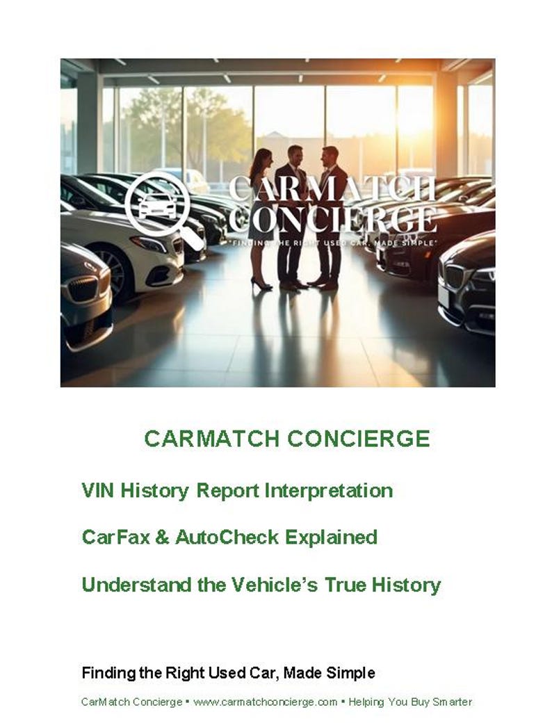 May include: Image of a car dealership with the text "CARMATCH CONCIERGE" and "Finding the Right Used Car, Made Simple." The image shows several cars and three people in suits. Text also includes "VIN History Report Interpretation."