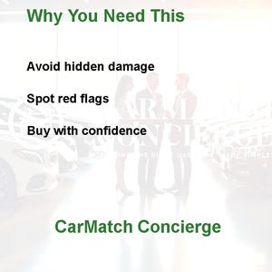 May include: Image with the text "Why You Need This" and "Avoid hidden damage", "Spot red flags", and "Buy with confidence". The CarMatch Concierge logo is at the bottom. Silhouettes of people are in the background.