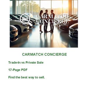 May include: A car dealership scene featuring multiple vehicles. The CarMatch Concierge logo is displayed, accompanied by the tagline "Finding the Right Used Car, Made Simple." Three individuals are positioned in front of the cars.