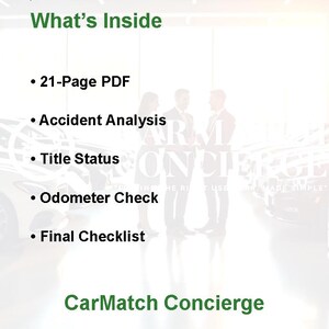 May include: Image with the text "What's Inside" and bullet points: "21-Page PDF," "Accident Analysis," "Title Status," "Odometer Check," and "Final Checklist." The CarMatch Concierge logo is at the bottom.