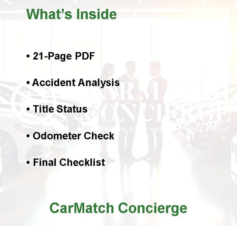 May include: Image with the text "What's Inside" and bullet points: "21-Page PDF," "Accident Analysis," "Title Status," "Odometer Check," and "Final Checklist." The CarMatch Concierge logo is at the bottom.