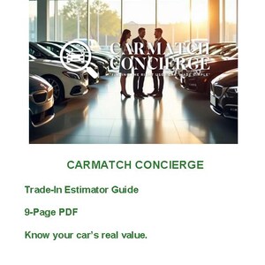 May include: A car showroom with multiple vehicles and three people in suits. The text "CARMATCH CONCIERGE" is displayed above the people. Below the image, the text reads "Trade-In Estimator Guide" and "Finding the Right Used Car, Made Simple."