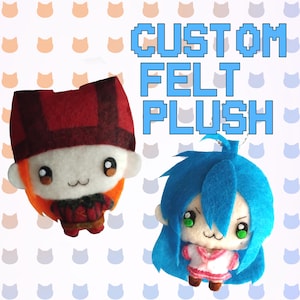 May include: Two custom felt plush toys featuring anime-style characters. One plush has orange hair and a red plaid hat, while the other has bright blue hair and green eyes. The text CUSTOM FELT PLUSH is displayed in blue pixelated font above them.