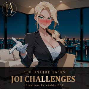 Puede incluir: Una ilustración digital de un personaje rubio con blazer negro y top blanco, usando guantes blancos y sosteniendo un portapapeles. El texto dice 100 UNIQUE TASKS JOI CHALLENGES Premium Printable PDF. El fondo muestra una ciudad por la noche.