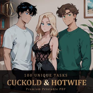 Könnte beinhalten: Eine Illustration im Anime-Stil mit zwei Personen mit dunklem Haar und einer Person mit blondem Haar. Der Text lautet 100 UNIQUE TASKS CUCKOLD & HOTWIFE Premium Printable PDF. Die Personen tragen ein weißes T-Shirt, einen schwarzen Spitzenbody und einen grünen Pullover.