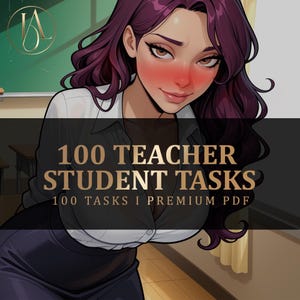 Könnte beinhalten: Eine Illustration einer Person mit langem, welligem violettem Haar, die ein weißes Hemd mit Knöpfen und einen dunklen Rock trägt. Das Bild zeigt den Text 100 TEACHER STUDENT TASKS und 100 TASKS I PREMIUM PDF in goldener Schrift auf einem dunklen Balken.