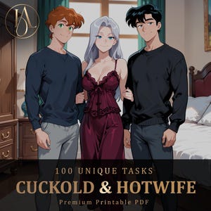 Könnte beinhalten: Eine Illustration im Anime-Stil mit zwei Männern in langärmeligen Pullovern und einer Frau in einem dunkelroten Nachthemd mit Spitzenbesatz. Der Text unten lautet 100 UNIQUE TASKS CUCKOLD & HOTWIFE Premium Printable PDF in goldener Schrift.