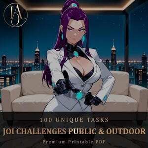 May include: A digital illustration of a character with long purple hair wearing a white blazer, black top, and black gloves, featuring teal circular accents. The text reads 100 UNIQUE TASKS JOI CHALLENGES PUBLIC & OUTDOOR Premium Printable PDF.