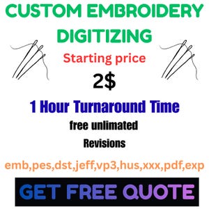 Könnte beinhalten: Werbung für individuellen Stickerei-Digitalisierungsservice. Der Text beinhaltet "CUSTOM EMBROIDERY DIGITIZING", "Starting price 2$", "1 Hour Turnaround Time" und "GET FREE QUOTE". Nadeln und Faden sind ebenfalls abgebildet.