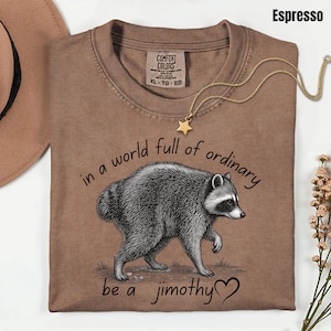 Peut inclure: Un t-shirt couleur espresso avec une illustration de raton laveur. Le texte indique "in a world full of ordinary be a jimothy" avec un symbole de c&oelig;ur. Le t-shirt pr&eacute;sente un col rond et une &eacute;tiquette de marque Comfort Colors &agrave; l'int&eacute;rieur.