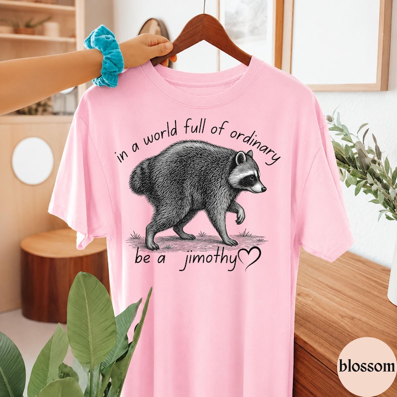 Peut inclure: Un t-shirt rose clair &agrave; manches courtes orn&eacute; d'une illustration en noir et blanc d'un raton laveur. Le texte au-dessus du raton laveur indique "in a world full of ordinary" et le texte en dessous "be a jimothy" avec un petit c&oelig;ur noir.