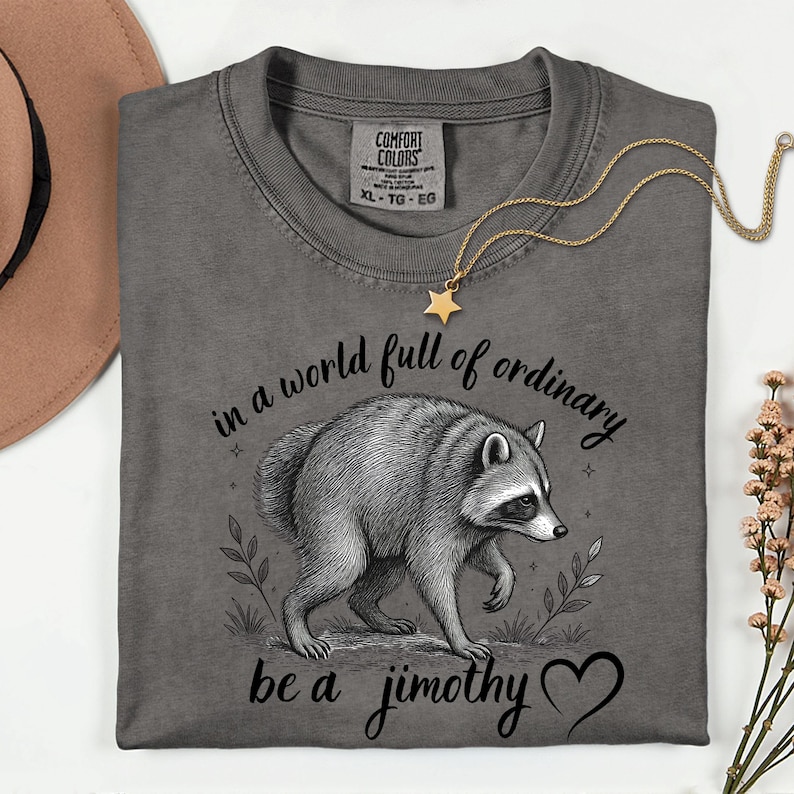 Peut inclure: Un t-shirt &agrave; col rond gris anthracite avec une illustration en noir et blanc d'un raton laveur. Le texte indique "in a world full of ordinary be a jimothy" avec un c&oelig;ur. Le t-shirt porte une &eacute;tiquette Comfort Colors et un pendentif en &eacute;toile.