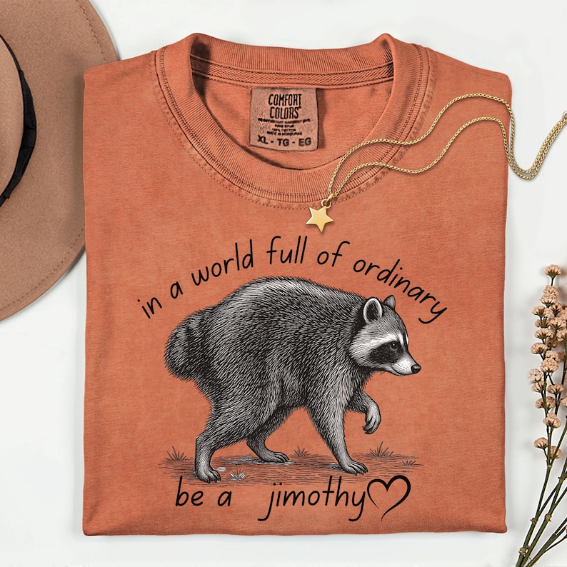Peut inclure: Un t-shirt couleur rouille avec une illustration de raton laveur. Le texte au-dessus du raton laveur indique "in a world full of ordinary" et le texte en dessous indique "be a jimothy" suivi d'un c&oelig;ur. Le t-shirt porte une &eacute;tiquette Comfort Colors.