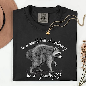 Peut inclure: Un t-shirt noir &agrave; col rond avec une illustration de raton laveur. Le texte au-dessus du raton laveur indique "in a world full of ordinary" et le texte en dessous indique "be a jimothy" suivi d'un c&oelig;ur. Le t-shirt porte une &eacute;tiquette Comfort Colors.