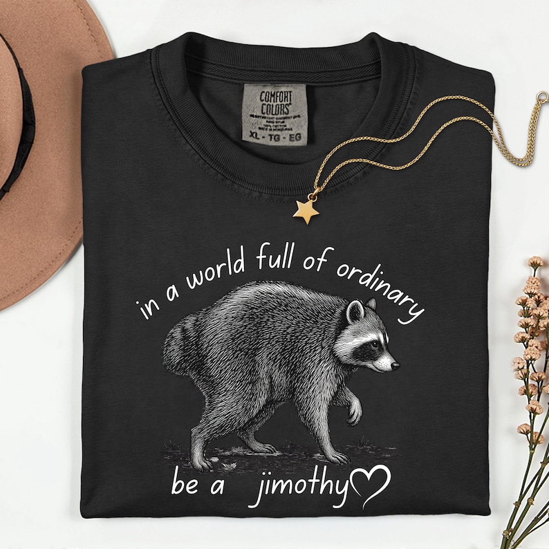 Peut inclure: Un t-shirt noir &agrave; col rond avec une illustration de raton laveur. Le texte au-dessus du raton laveur indique "in a world full of ordinary" et le texte en dessous indique "be a jimothy" suivi d'un c&oelig;ur. Le t-shirt porte une &eacute;tiquette Comfort Colors.