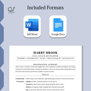 Puede incluir: Una plantilla de curr&iacute;culum digital para un desarrollador full stack llamado Harry Brook, con secciones para resumen profesional y habilidades. El documento incluye iconos de compatibilidad con MS Word y Google Docs y el logo de Creative Vault.