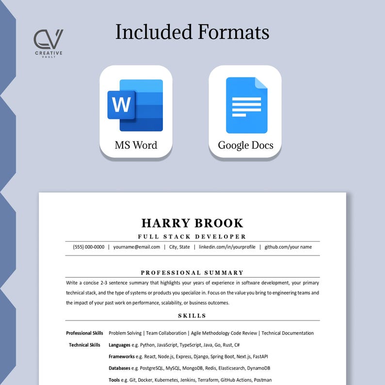 Puede incluir: Una plantilla de curr&iacute;culum digital para un desarrollador full stack llamado Harry Brook, con secciones para resumen profesional y habilidades. El documento incluye iconos de compatibilidad con MS Word y Google Docs y el logo de Creative Vault.