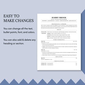 Puede incluir: Una plantilla de curr&iacute;culum digital para un desarrollador full stack llamado Harry Brook. El documento incluye secciones de resumen profesional, habilidades, experiencia laboral, educaci&oacute;n y certificaciones. Texto a la izquierda: EASY TO MAKE CHANGES.