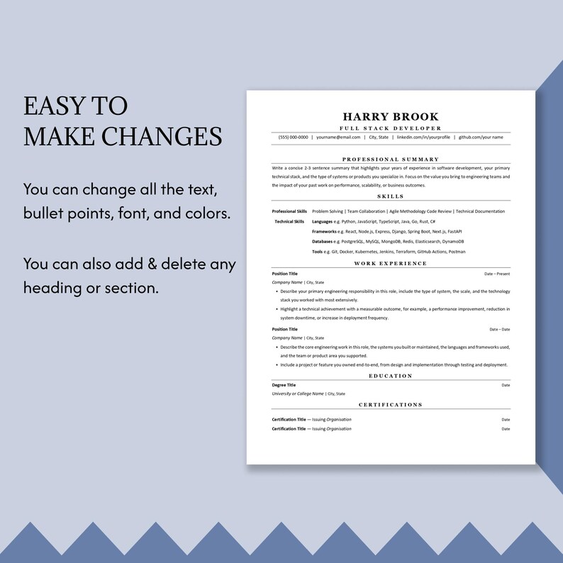 Puede incluir: Una plantilla de curr&iacute;culum digital para un desarrollador full stack llamado Harry Brook. El documento incluye secciones de resumen profesional, habilidades, experiencia laboral, educaci&oacute;n y certificaciones. Texto a la izquierda: EASY TO MAKE CHANGES.