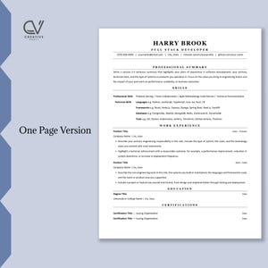 Puede incluir: Una plantilla de curr&iacute;culum de una p&aacute;gina para desarrollador full stack con un dise&ntilde;o limpio y profesional, que incluye secciones para resumen, habilidades, experiencia laboral, educaci&oacute;n y certificaciones, con el logo de Creative Vault.
